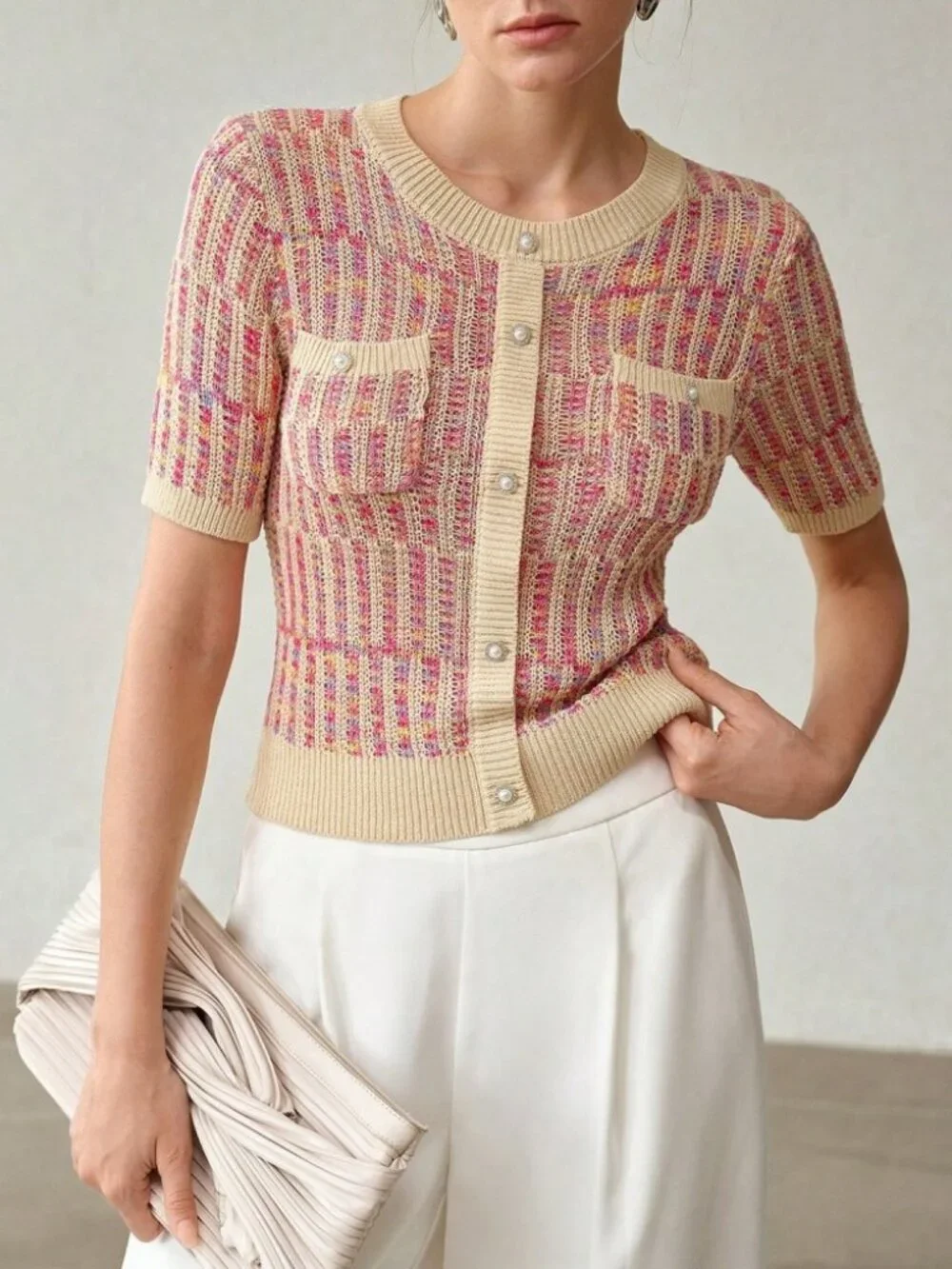 Tan & Pink Tweed-Look Knit Cardigan with Pearl Buttons